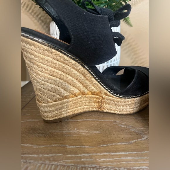 TORY BURCH Black Lace Up Canvas Espadrille Wedges Sandals Size 5 - Picture 10 of 16